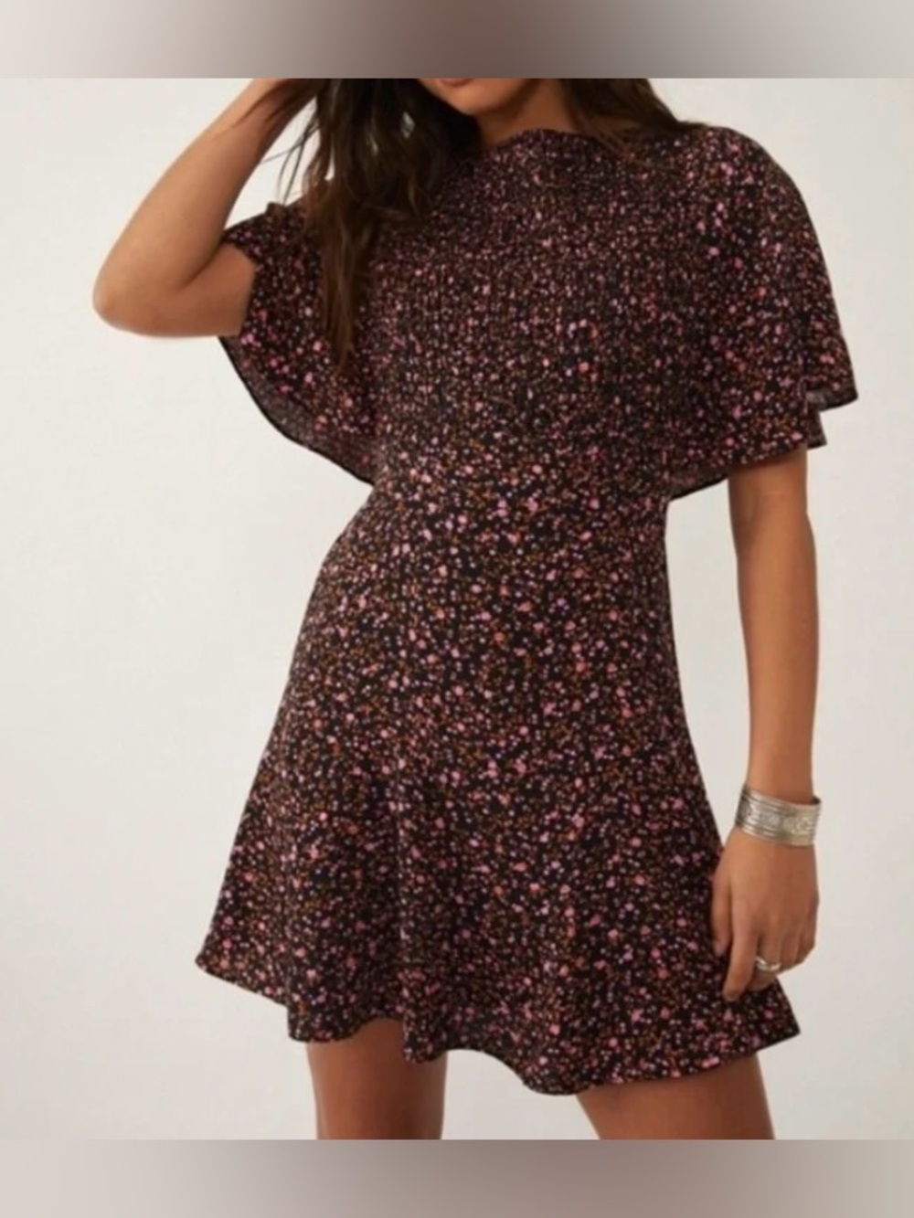 Free People Black With Pink Floral Print Short Sleeve Mini Dress - Size S